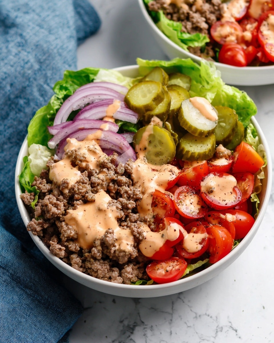 A white bowl filled with a fresh layered salad shows a base of green lettuce leaves, topped with crumbled brown cooked ground meat on one side, and bright red cherry tomatoes cut in halves on the other. Thin strips of purple onion lie beside the tomatoes, with several green pickle slices arranged on the meat side. A creamy light orange dressing is drizzled over the entire bowl, dusted with black pepper. The bowl is placed on a white marbled surface with part of a blue cloth visible in the background. Photo taken with an iphone --ar 4:5 --v 7