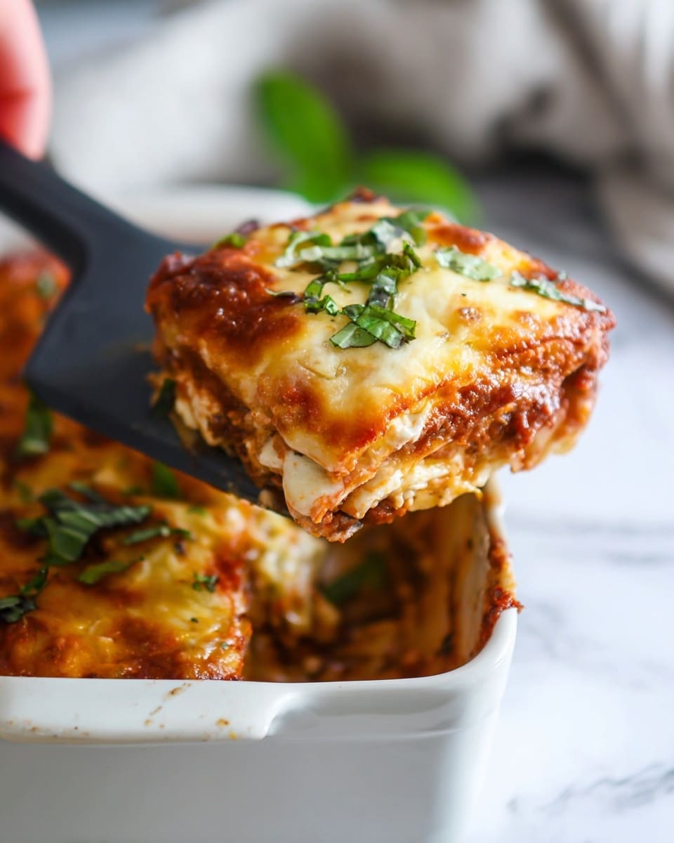 A close-up of a thick slice of lasagna being lifted from a white ceramic dish with a black spatula held by a woman's hand. The lasagna has multiple layers, visible with a top golden-brown baked cheese layer that is bubbly and slightly crispy. Below the cheese, there are layers of red tomato sauce mixed with meat and creamy white melted cheese. Fresh green basil leaves are scattered on top, adding a bright color contrast. The background is softly blurred with a white marbled texture surface. photo taken with an iphone --ar 4:5 --v 7