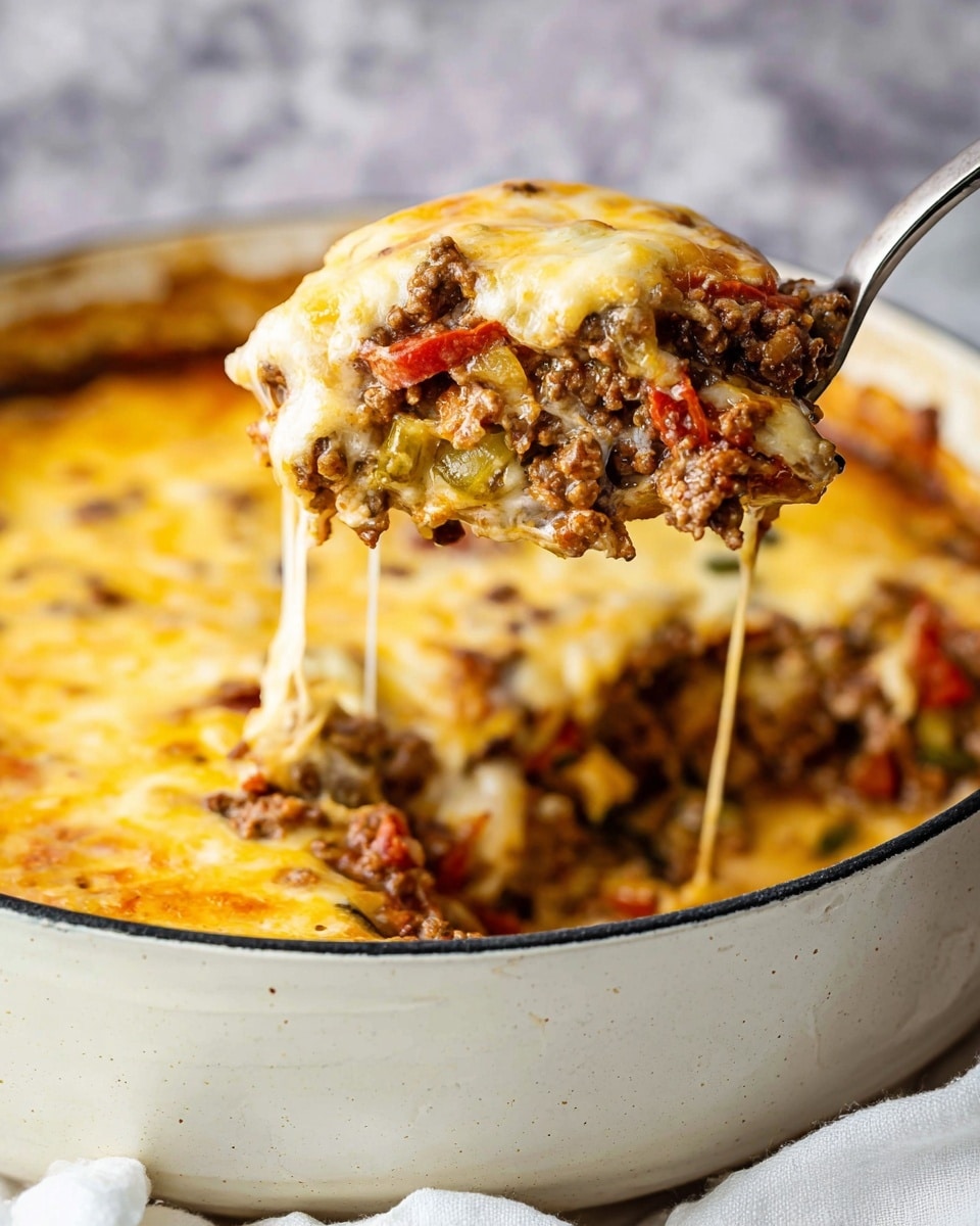 A close-up view of a deep white pot filled with a layered cheesy casserole. The top layer is melted, golden-yellow cheese with stringy, gooey texture stretching as a serving spoon lifts a portion. Below the cheese, there is a mixed layer of ground meat in brown with visible red tomato pieces and some green vegetable bits, all mixed with a creamy sauce. The layers look moist and rich, showing chunks and small bits of seasoning. The background has a soft focus with a white marbled texture. photo taken with an iphone --ar 4:5 --v 7