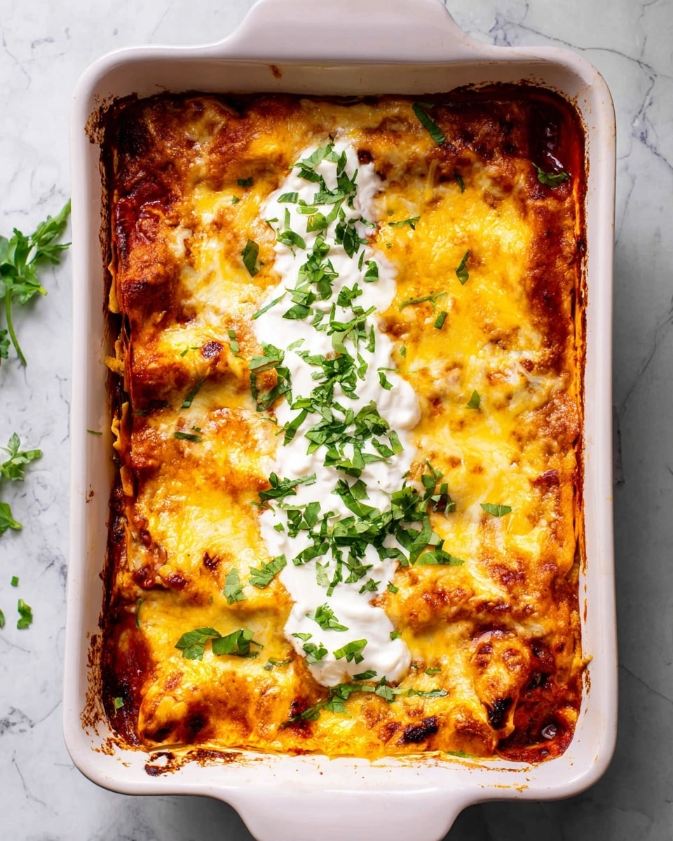 A white rectangular baking dish contains a baked layered dish with four visible layers: the bottom layer is a rich red sauce, followed by a melted golden-orange cheese layer with some browned edges. On top of the cheese is a thick white creamy layer spread across the center, garnished with bright green chopped fresh herbs. The edges of the dish show slight browning and bubbling of the sauce and cheese. The background is a white marbled texture with a few scattered green herb leaves. photo taken with an iphone --ar 4:5 --v 7
