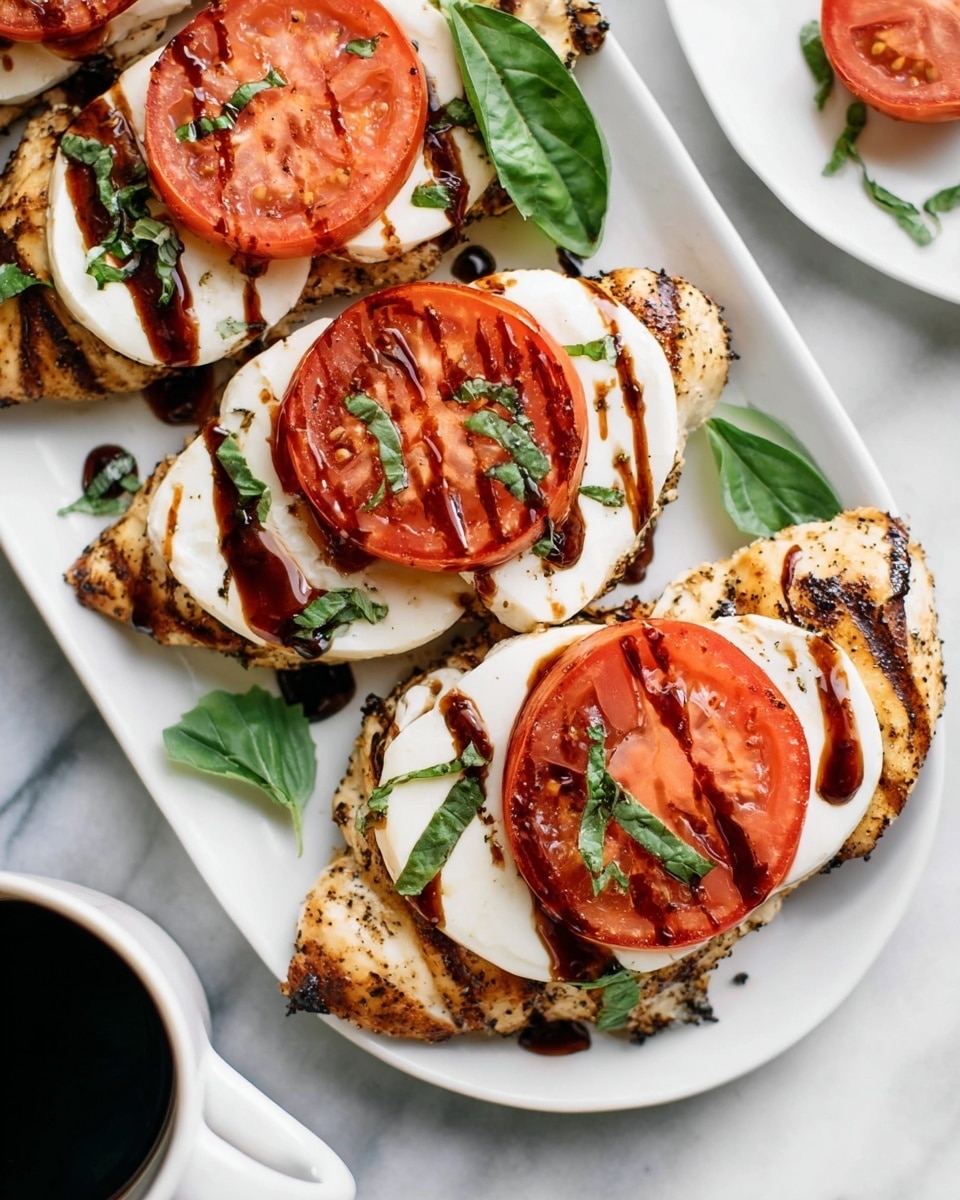A white plate holds several pieces of grilled chicken breast as the base layer, each topped with a smooth white layer of mozzarella cheese. On top of the cheese are two or three bright red tomato slices with visible seeds, drizzled with dark balsamic glaze in thin, uneven lines. Fresh green basil leaves are scattered over the tomatoes and around the plate, adding a pop of color. The texture shows light grill marks on the chicken and the cheese looks creamy and soft, while the balsamic glaze shines with a glossy finish. The background is a white marbled surface, and there is a white cup with dark liquid on the side. photo taken with an iphone --ar 4:5 --v 7