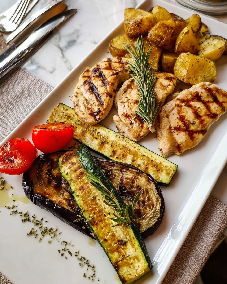 The dish is arranged on a white rectangular plate with four main parts. At the top left, golden brown roasted potato pieces form the first part. Next to them, moving right, there are three grilled chicken breast pieces with light browned marks, topped with a sprig of green rosemary. Below the chicken, two long, thin slices of grilled zucchini show green edges and charred black lines across the yellowish inner flesh. To the right of the zucchini, two grilled eggplant slices have a shiny dark brown skin with dark grill marks and a light brown inner texture. At the bottom left corner of the plate, two bright red tomato halves add a fresh touch. The entire plate is lightly sprinkled with dried herbs. The dish is set on a white marbled surface with some cutlery in the background. photo taken with an iphone --ar 4:5 --v 7