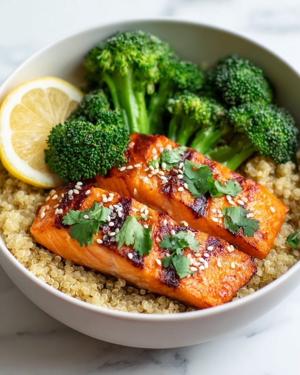 A white bowl holds a bed of light beige quinoa as the base layer. On top of the quinoa, there are two grilled salmon fillets with a bright orange color, marked with dark grill lines, garnished with small white sesame seeds and fresh green cilantro leaves. Behind the salmon, there are four pieces of vibrant green broccoli, steamed and standing upright. A lemon wedge with a bright yellow color is placed on the left side of the bowl. The bowl is set on a white marbled surface. photo taken with an iphone --ar 4:5 --v 7