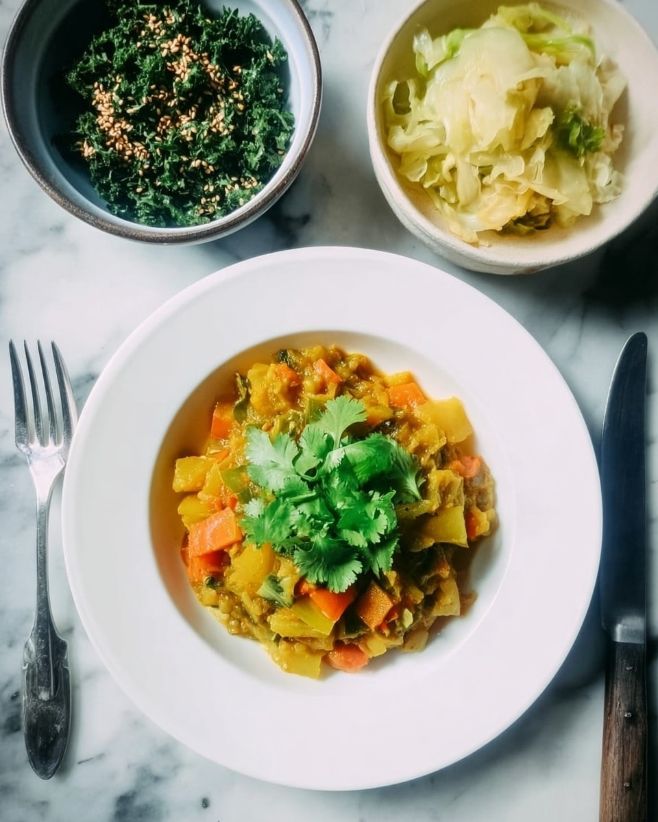A white plate with a thick vegetable stew sits at the center, showing several layers of diced vegetables in yellow, orange, and green tones with a slightly soft texture. On top of the stew, fresh bright green cilantro leaves form a small bunch as a garnish. Above and to the top right, a white bowl holds pale yellow pickled cabbage with a soft, wet look. On the top left, there is a white bowl full of finely chopped dark green leafy vegetables with a smooth texture, sprinkled lightly with sesame seeds. The scene is arranged on a white marbled surface with a fork on the left and a knife on the right, both having simple silver handles. photo taken with an iphone --ar 4:5 --v 7