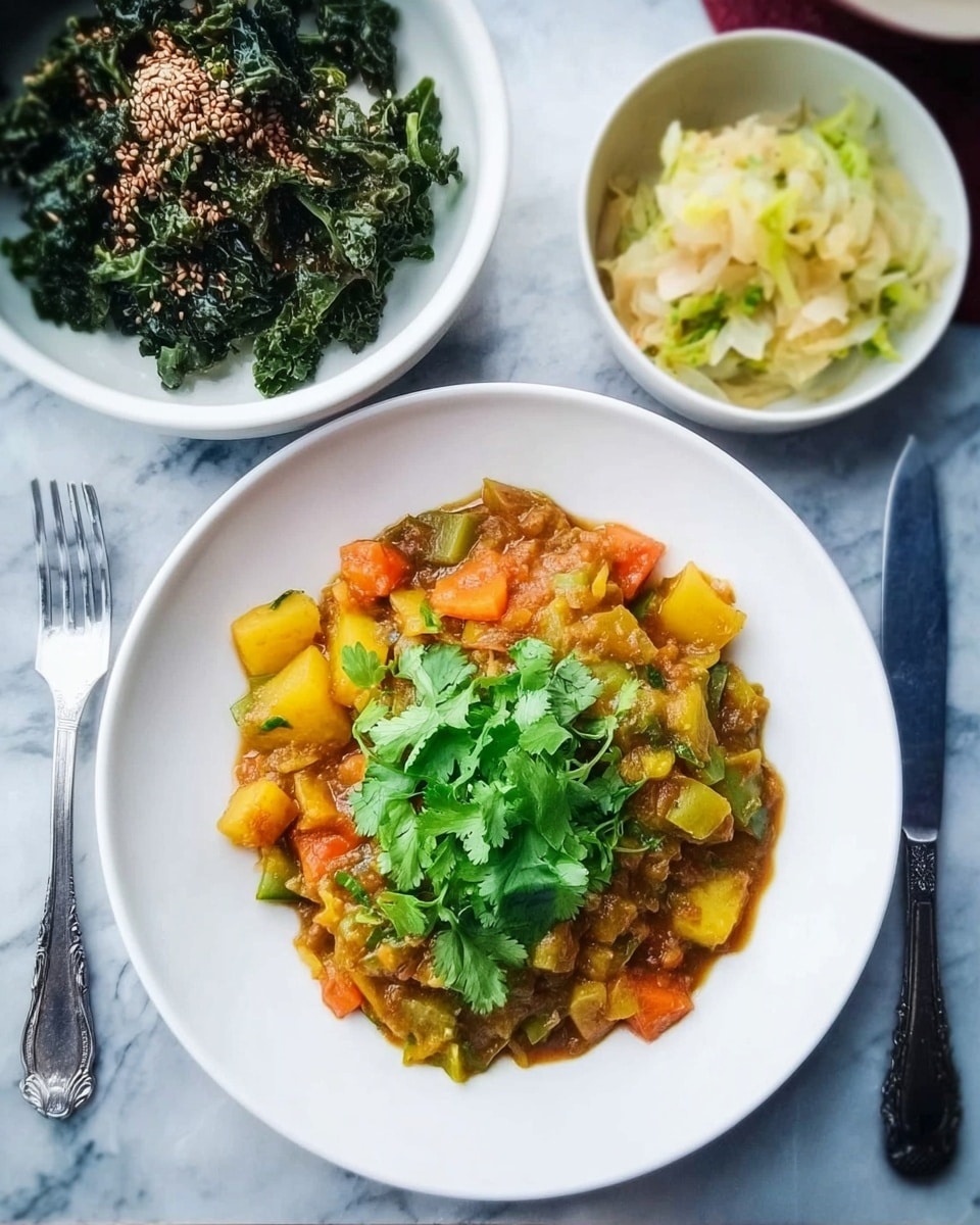 A white plate contains a vegetable stew with visible layers of diced yellow, orange, and green vegetables mixed with a thick brownish sauce, topped with fresh green cilantro leaves in the center. The plate is placed on a white marbled surface, with a silver fork on the left side and a silver knife on the right side. Above the plate, to the left, is a white bowl filled with dark green leafy vegetables sprinkled with sesame seeds, and to the right, a small white bowl holds pale yellow pickled cabbage. photo taken with an iphone --ar 4:5 --v 7