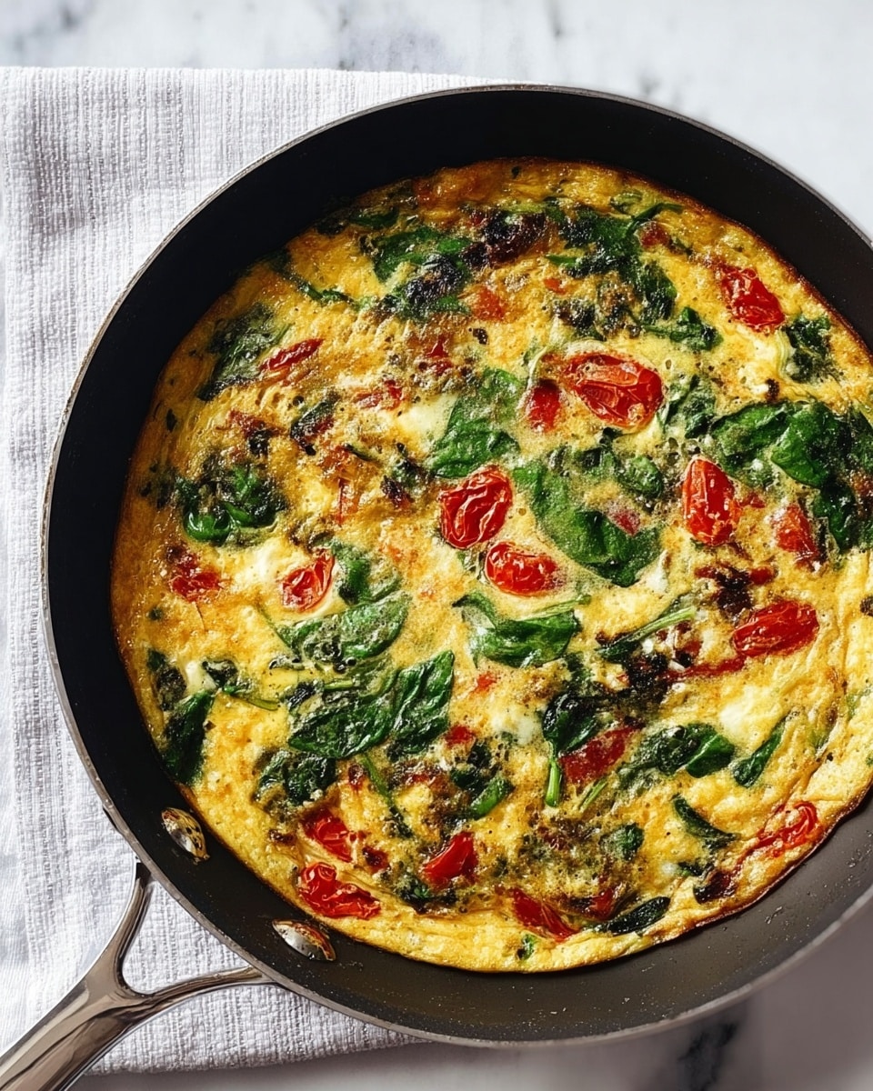 A cooked frittata in a black skillet with a silver handle resting on a white striped cloth on a white marbled surface. The frittata has three visible layers: a golden-brown egg base that fills the whole pan, bright green spinach leaves scattered on top mixed with small, shiny red tomato pieces, and a slightly browned melted cheese layer that blends with the eggs and vegetables. Some parts show a light charring, giving a textured contrast to the smooth eggs and fresh vegetables. Photo taken with an iphone --ar 4:5 --v 7