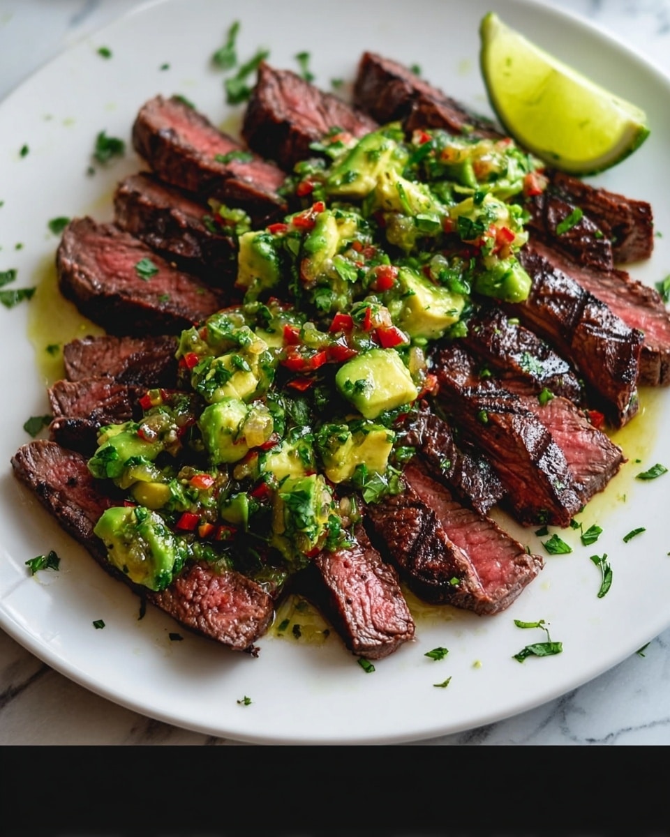 The dish shows several thin slices of grilled steak arranged in a slightly fanned out pattern on a white plate, each slice cooked medium rare with a pink center and grill marks on the edges. On top of the steak, there is a fresh green salsa made from diced avocado, green herbs, and small pieces of red chili, adding bright color and texture. A wedge of lime rests in the background on the plate's edge. The plate sits on a white marbled surface with soft natural lighting highlighting the glossy sauce coating the steak and salsa. photo taken with an iphone --ar 4:5 --v 7