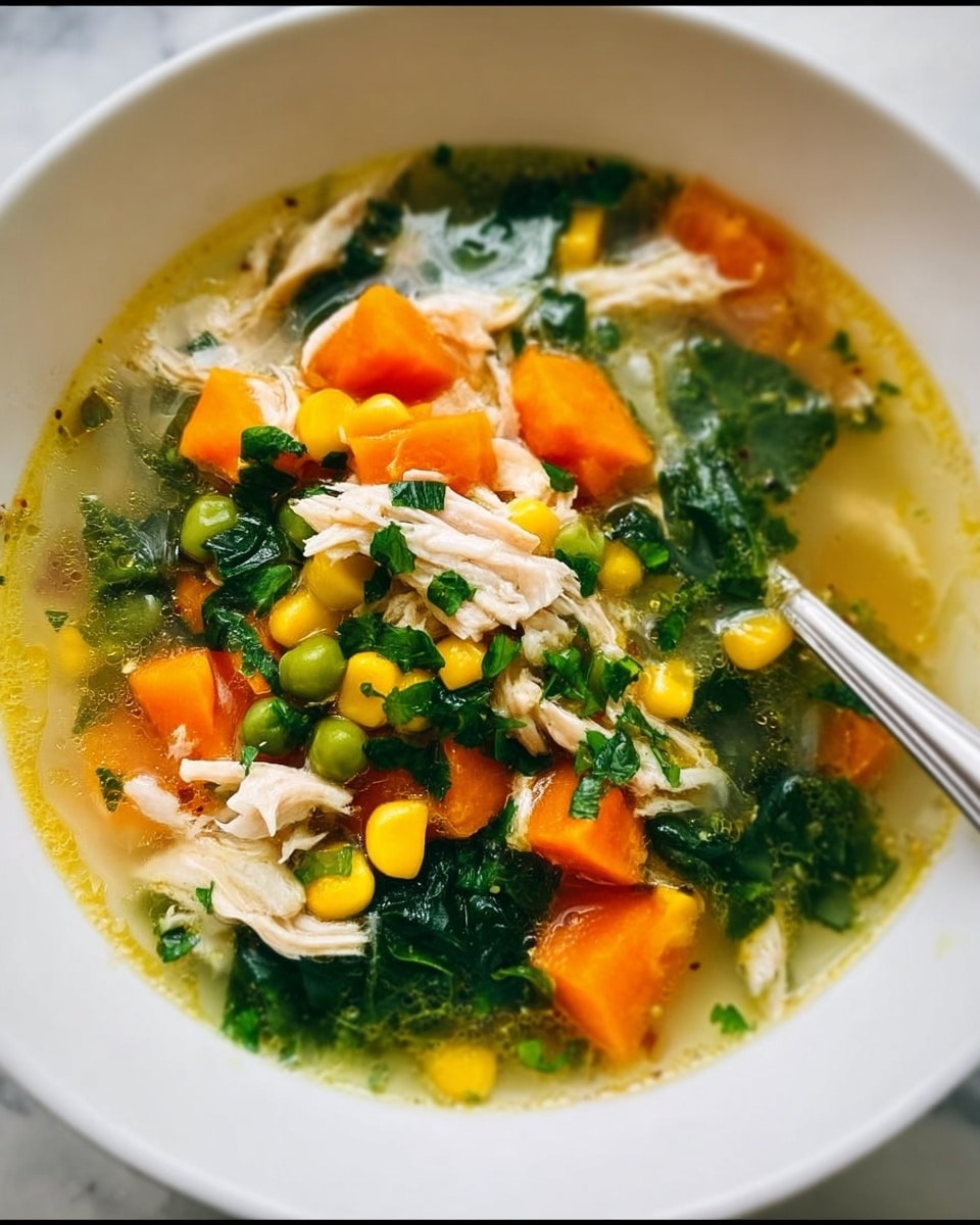 A close-up of a white bowl filled with clear broth soup showing colorful layers of ingredients. At the base, there is a light yellow broth with visible small bits of spices. Floating on top are chunky layers of bright orange carrot pieces and yellow corn kernels evenly spread throughout. Shredded white pieces of chicken are mixed with vibrant green peas and dark leafy greens, including spinach or kale, which add a fresh, textured look. Small bits of chopped herbs are scattered on top, giving a finishing touch of bright fresh green. A silver spoon is placed on the right side inside the bowl, partially submerged in the soup. The bowl sits on a white marbled surface. photo taken with an iphone --ar 4:5 --v 7