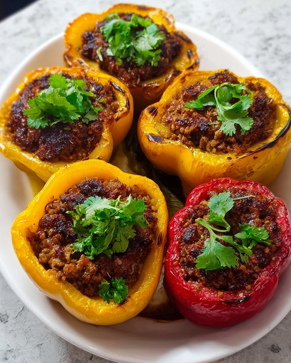 The image shows a white plate with five stuffed bell pepper halves arranged on it. The top layer consists of one red pepper half filled with a browned ground meat mixture, topped with fresh green cilantro leaves. The other four are yellow bell pepper halves, each stuffed with the same brown, slightly crispy ground meat filling and garnished on top with fresh cilantro sprigs. The peppers have slightly charred edges, and the meat filling looks juicy and cooked with small bits of visible seasoning. The white plate sits on a white marbled textured surface. Photo taken with an iphone --ar 4:5 --v 7