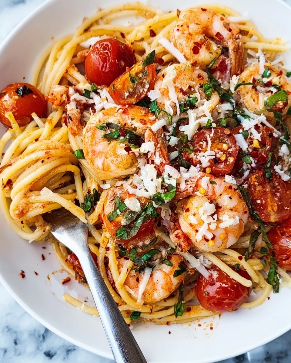 A white plate filled with spaghetti layered with bright red cooked cherry tomatoes and large pink shrimp on top of light yellow pasta strands. The dish is sprinkled with white shredded cheese and small green herb leaves scattered evenly. Small red chili flakes are dotted around, adding texture on top. A shiny silver fork is partially inserted into the spaghetti on the left side of the plate. The background has a white marbled texture. photo taken with an iphone --ar 4:5 --v 7