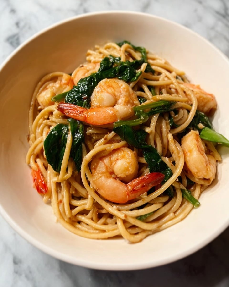 The dish shows a white bowl filled with a mix of light brown noodles tangled together, bright orange shrimp scattered around the edges and within the noodles, and dark green spinach leaves mixed throughout. The noodles have a slightly oily texture that makes them shine under light, and the shrimp are plump with a firm texture, some with visible tails. The leafy spinach adds a contrasting fresh, healthy look. The bowl is set on a white marbled surface. photo taken with an iphone --ar 4:5 --v 7