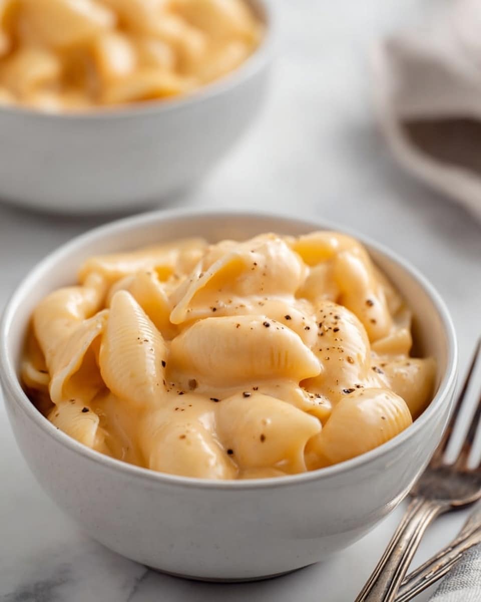 A close-up view of a white bowl filled with creamy mac and cheese made of small shell pasta covered in smooth, light orange cheese sauce with specks of black pepper, placed on a white marbled surface. Another white bowl with the same dish is softly blurred in the background, and a silver fork is seen on the right side. The scene shows a warm, comfort food vibe with a clean and simple setting. photo taken with an iphone --ar 4:5 --v 7