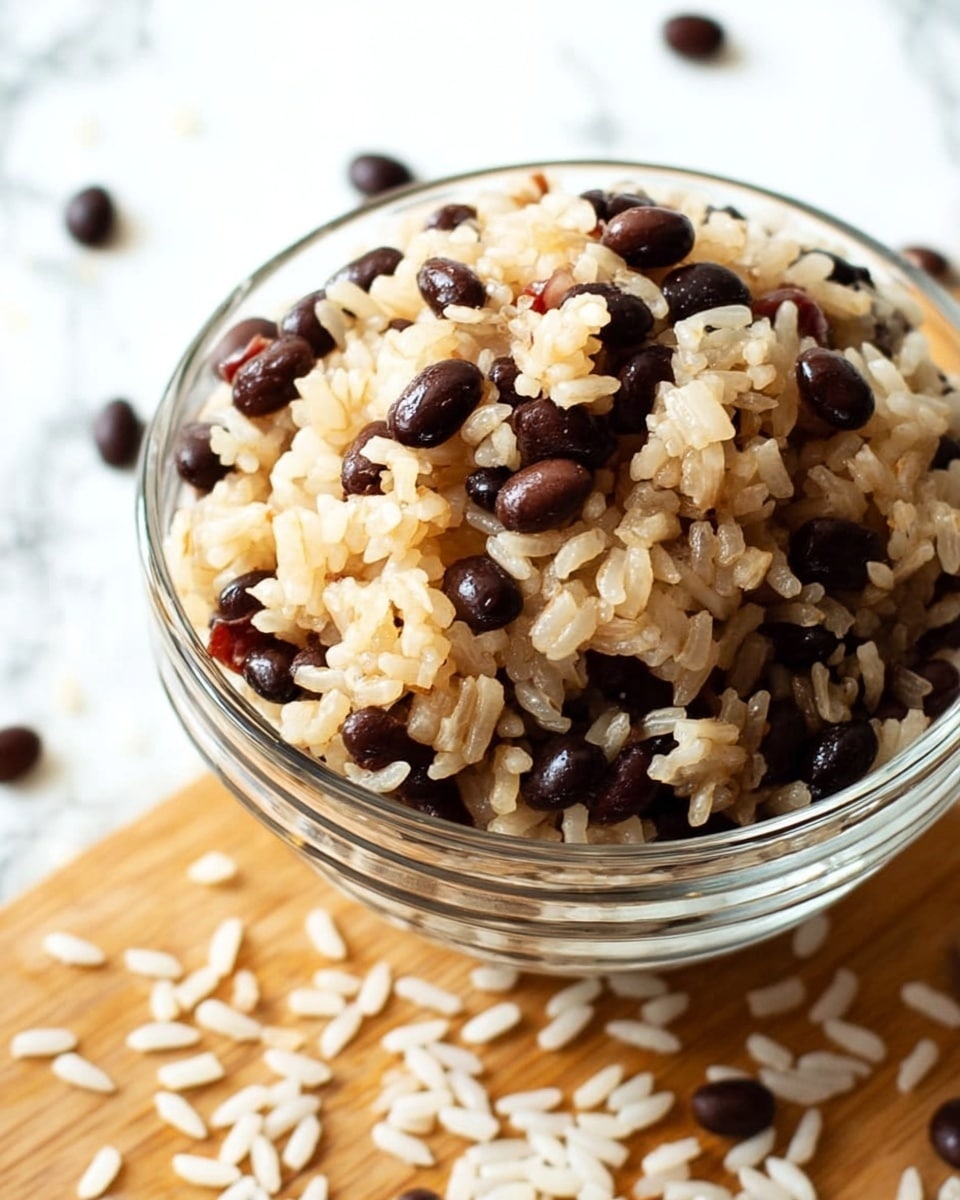 A clear glass bowl filled with a mix of light brown cooked rice and dark black beans, layered evenly throughout the bowl. The rice grains appear soft and slightly sticky, while the beans add a smooth, glossy texture contrasting against the rice. The bowl is placed on a wooden surface with scattered uncooked white rice grains around it. The background has been changed to a white marbled texture. photo taken with an iphone --ar 4:5 --v 7