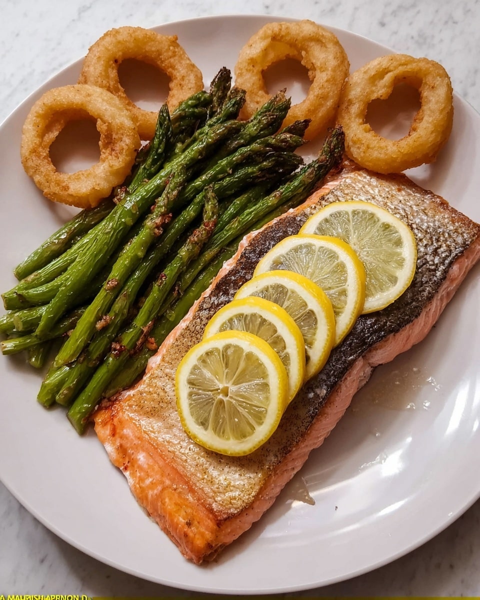 A large white plate holds a meal divided into three parts: on the right side, a piece of cooked salmon with a crispy, dark brown and slightly textured skin, topped with three thin lemon slices evenly spaced on the fish's surface; to the left, a pile of bright green, sautéed asparagus spears with a slight sheen and soft texture, showing some slight charring; above them, three golden brown, thick onion rings stacked together with a crunchy, fried texture. The plate rests on a white marbled surface. Photo taken with an iphone --ar 4:5 --v 7