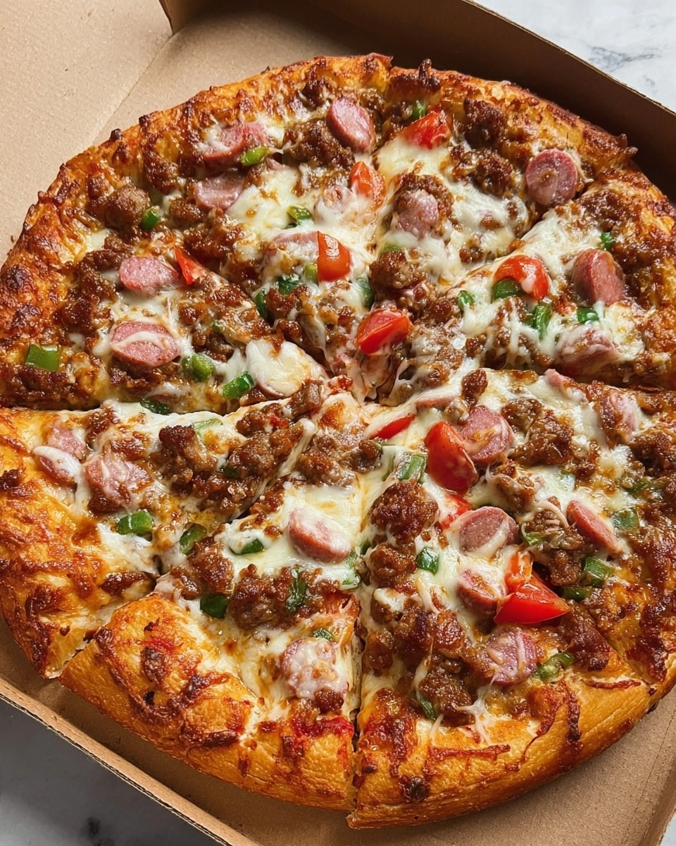 A pizza with a thick golden-brown crust sits inside a cardboard box, cut into eight slices. The bottom layer is a red tomato sauce peeking through the melted layer of gooey white cheese covering the pizza. Scattered on top are small pieces of cooked ground meat, slices of pink sausage, diced red tomatoes, and chunks of green bell pepper, all blending into the cheesy surface. The pizza looks hot and freshly made, with some parts of the cheese slightly browned and bubbly. The box is placed on a white marbled texture. Photo taken with an iphone --ar 4:5 --v 7