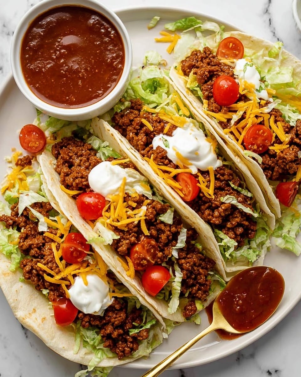 The image shows five soft flour tortillas arranged on a white plate with a white marbled background. Each tortilla has four layers: the bottom layer is shredded green lettuce, followed by a generous layer of crumbled cooked ground beef with a brown, slightly crumbly texture. On top of the beef, there is a layer of shredded yellow and white cheese. The final layer includes halved bright red cherry tomatoes, a dollop of white sour cream, and a drizzle of brown-red sauce. Alongside the tacos, there is a small white bowl filled with the same brown-red sauce and a gold spoon inside it. Photo taken with an iphone --ar 4:5 --v 7