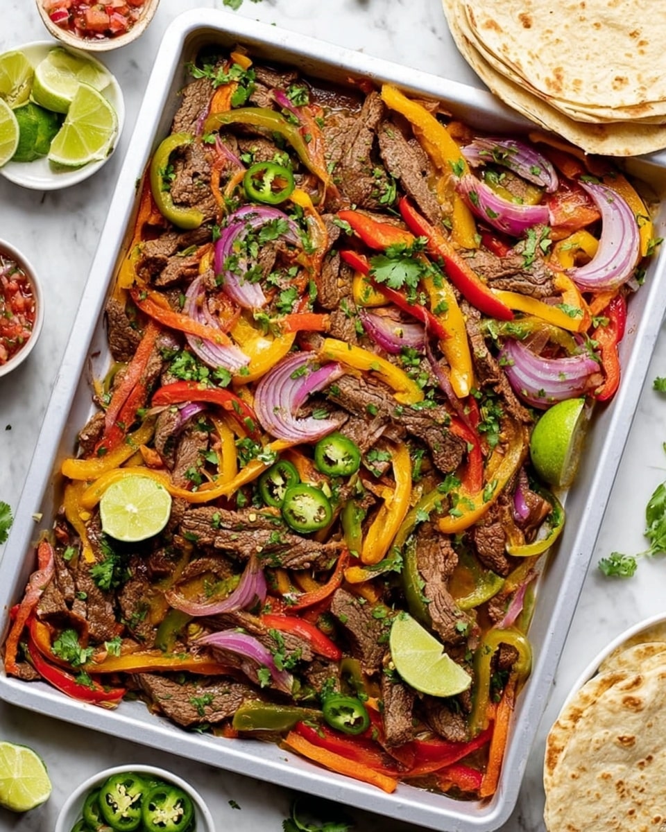 The image shows a large white baking tray filled with a colorful mix of cooked beef strips, thin slices of red, yellow, and green bell peppers, and cooked red onion rings. The beef strips are brown and tender, scattered evenly across the tray. Bright red, yellow, and green pepper strips add vibrant color and texture, mixed with slightly caramelized red onion slices. Fresh green cilantro leaves and green jalapeño slices are placed on top, along with thin round slices of lime adding a fresh look. On the top right corner of the tray, there are two folded light brown tortillas. The tray is placed on a white marbled surface. Around the tray, there are small white plates with lime wedges and salsa. photo taken with an iphone --ar 4:5 --v 7