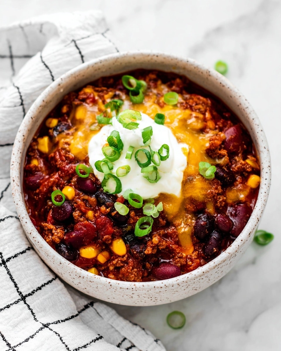 This image shows a white bowl with black speckles, filled with a rich chili dish. The base layer is a thick mix of dark brown ground meat, black beans, and bright yellow corn, giving a chunky texture with a moist, saucy appearance. On top, there is a generous dollop of smooth, white sour cream, which contrasts against the deep colors beneath. Thin green slices of fresh green onion are scattered mainly on the sour cream, adding a fresh pop of color. A spoon is scooping some of the chili, showing the texture and layers up close. The bowl sits on a white marbled surface. Photo taken with an iphone --ar 4:5 --v 7