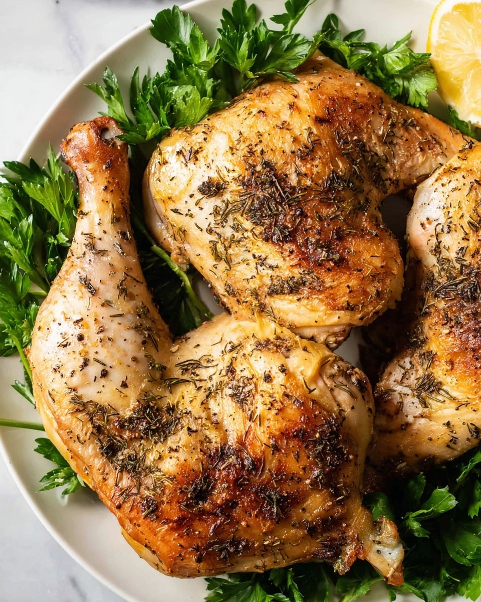 Three roasted chicken leg quarters with golden brown, crispy skin speckled with black pepper and dried herbs are laid on a bed of fresh green parsley leaves, all placed on a white plate over a white marbled background. The chicken is cooked evenly with some darker roasted spots, and a slice of lemon is partially visible in the top right corner, adding a hint of bright yellow contrast. Photo taken with an iphone --ar 4:5 --v 7