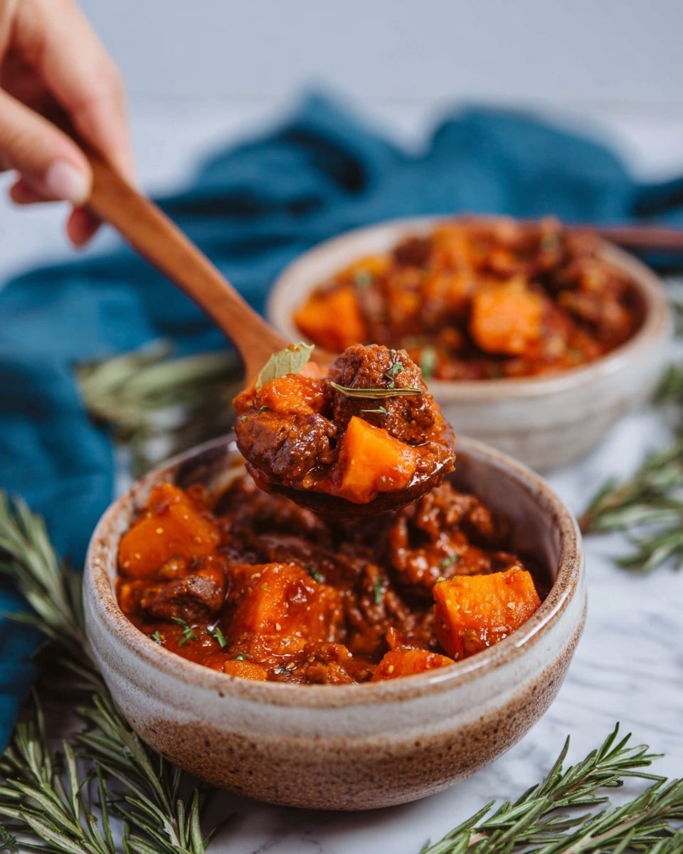 In the image, there are two rustic ceramic bowls filled with a thick stew, each bowl white instead of its original color. The stew contains chunks of bright orange sweet potatoes, brown meat pieces, and a rich reddish-brown sauce with visible herbs and spices. A wooden spoon held by a woman's hand lifts a scoop of the stew, showing the chunky sweet potato pieces and tender meat coated in sauce. The bowls are placed on a white marbled surface with some sprigs of rosemary and a blue cloth slightly blurred in the background. Photo taken with an iphone --ar 4:5 --v 7