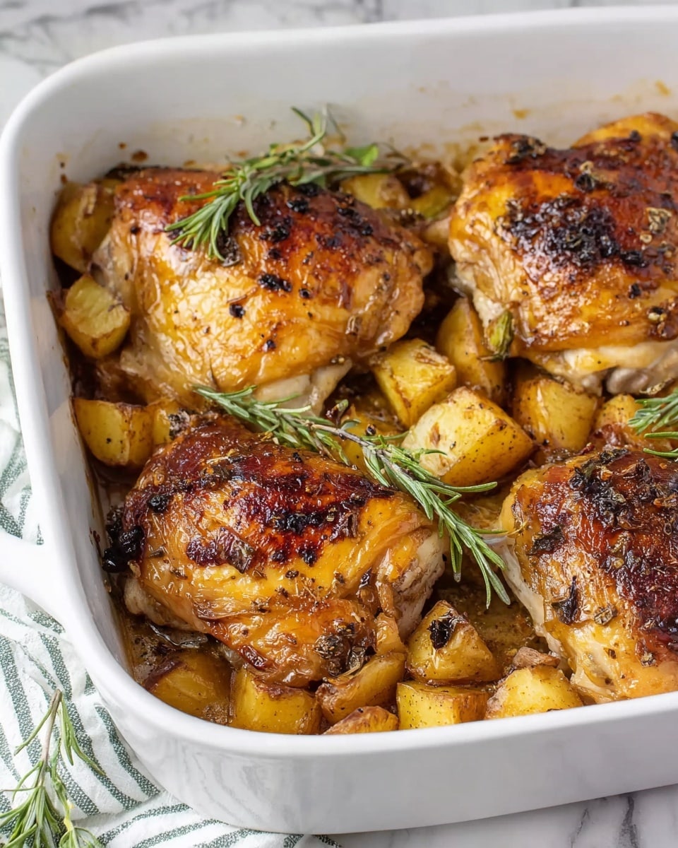 A white baking dish filled with four large pieces of roasted chicken thighs with crispy, golden brown skin. The chicken skin has a slightly charred look with dark brown spots and is sprinkled with fresh green rosemary leaves and small black pepper bits. Underneath and around the chicken thighs are golden roasted potato chunks with a slightly rough, crispy texture. The dish is placed on a white marbled surface, and parts of a striped white and green cloth are visible at the bottom left corner. Photo taken with an iphone --ar 4:5 --v 7