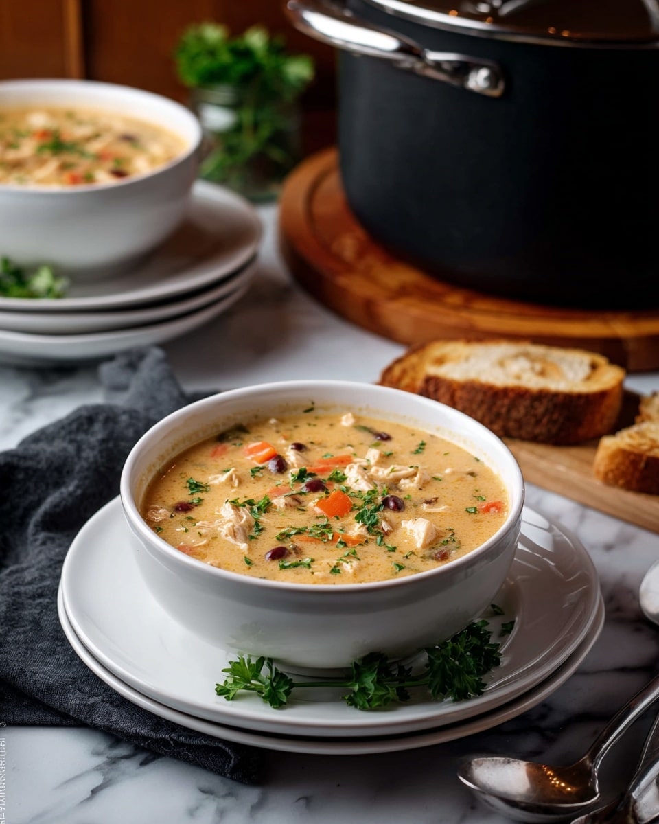 The image shows two white bowls filled with chili on a white marbled surface. Each bowl has a thick layer of brown cooked ground meat mixed with small orange and green vegetable bits forming the base. On top of the chili, there is a dollop of white sour cream placed near green slices of jalapeño and fresh cilantro leaves, adding a fresh touch to the rich texture. In the background, a white stacked plate holds two pieces of golden cornbread with a spongy texture. Two lime wedges are placed near the bowls, adding a pop of yellow-green color. A spoon is partially visible on the right side of the image. Photo taken with an iphone --ar 4:5 --v 7