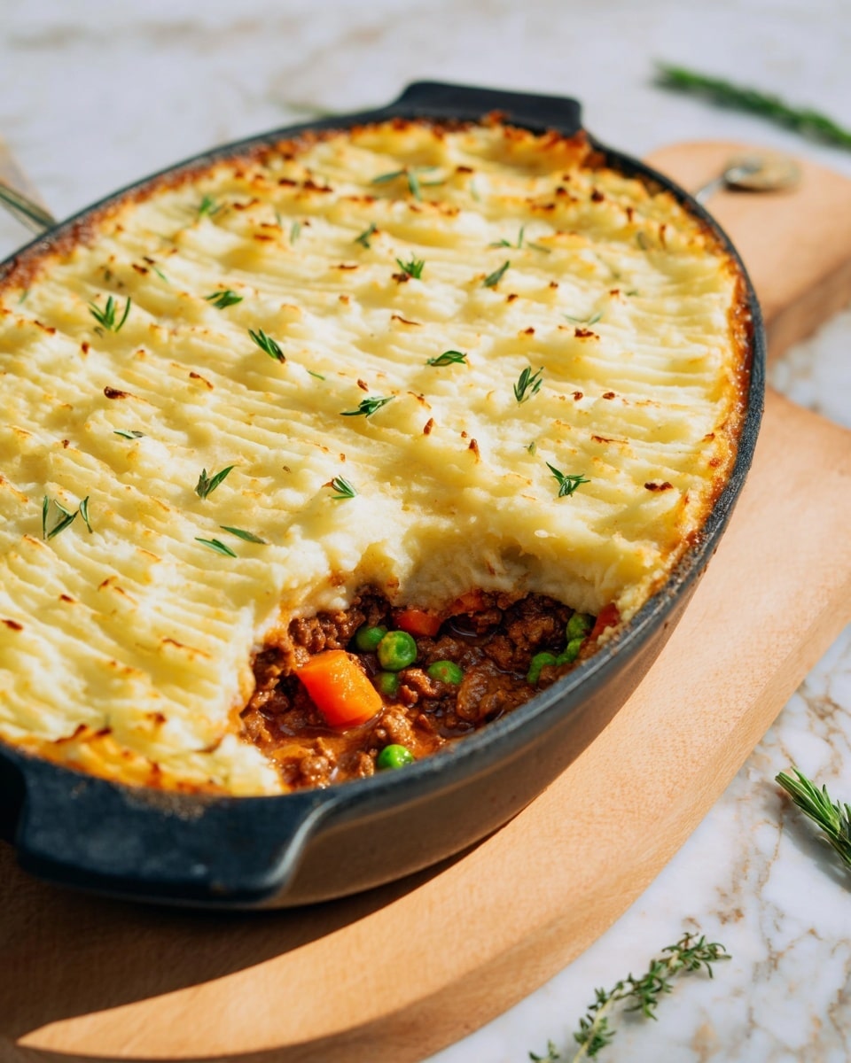 A close-up of a shepherd's pie in a black oval baking dish showing two main layers: the top layer is golden and creamy mashed potatoes with small green herb leaves scattered on it, textured with peak-like ridges; the bottom layer reveals a rich mix of minced meat and vegetables including orange carrots and green peas in a hearty brown sauce, visible where a portion is scooped out near the front edge. The dish rests on a light wooden board on a white marbled surface. Photo taken with an iphone --ar 4:5 --v 7