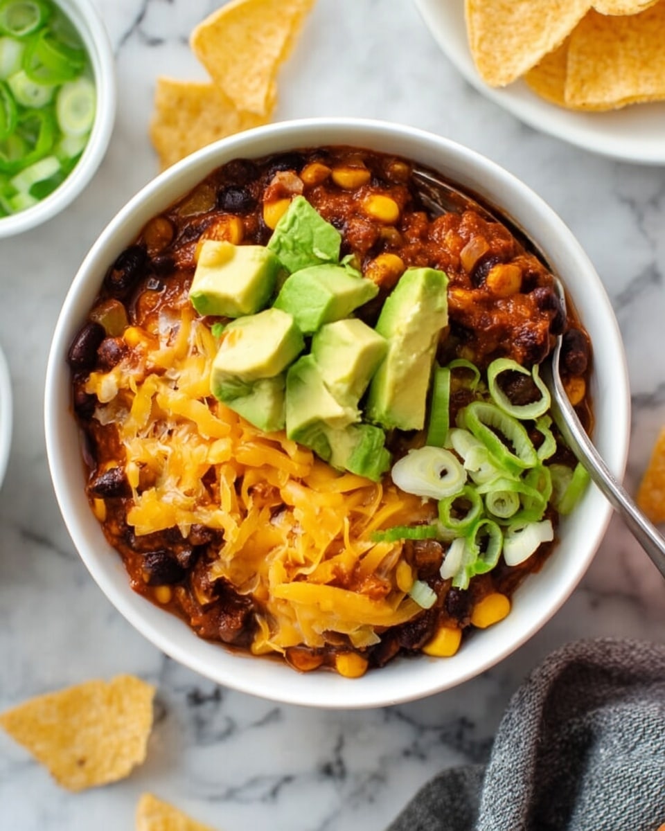 A white bowl filled with a layered chili dish, starting with a base of dark black beans and bright yellow corn mixed with rich, brown chili sauce. On top, melted orange cheddar cheese is spread unevenly, slightly melted into the chili. Fresh green avocado chunks are placed on one side, showing smooth, soft textures, while thinly sliced light green scallions cover the other side, adding a fresh crunch. The bowl sits on a white marbled surface with some scattered corn chips and a woman's hand holding a fork near the top right edge of the frame. Photo taken with an iphone --ar 4:5 --v 7