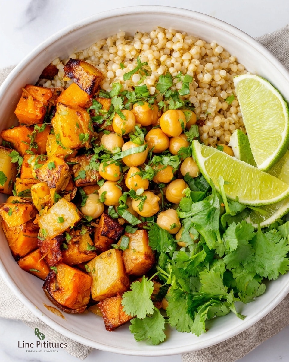 A white bowl filled with a colorful mix of food on a white marbled surface. The dish has three main layers: one side has soft, light brown cooked grains with a slightly glossy texture, next to roasted chunks of orange and pale yellow vegetables topped with chopped fresh green herbs and small round beige chickpeas with a slightly shiny look. On the other side, several fresh green cilantro leaves rest next to two bright green lime wedges. The ingredients create a fresh and vibrant look with a mix of textures from soft to firm. Photo taken with an iphone --ar 4:5 --v 7