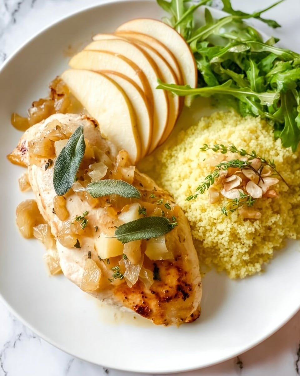 A white plate with a cooked chicken breast in the center, topped with small cooked onion pieces and a few sage leaves, with a light brown sauce. To one side of the chicken are thin slices of cooked apple arranged in a stack, with a green herb sprig nearby. On the other side, there is a mound of yellow couscous with small pieces mixed in and a few shaved nuts or seeds on top. A small bunch of green leafy arugula is placed near the couscous. The plate is set on a white marbled surface. Photo taken with an iphone --ar 4:5 --v 7