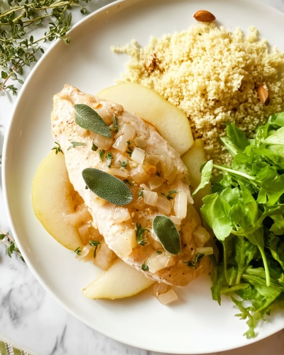 A white plate shows a meal with three main parts: in the center, a single piece of cooked chicken breast with a light golden and white color topped with small, translucent diced onions and a few green sage leaves. Around the chicken, slices of cooked pear add a pale yellow-beige color and soft texture. At the top right side, there is a small mound of light yellow couscous with some sliced almonds on it. To the far right of the plate, a fresh bunch of bright green leafy greens adds a fresh touch. The plate rests on a white marbled surface, with some fresh herbs scattered nearby. Photo taken with an iphone --ar 4:5 --v 7