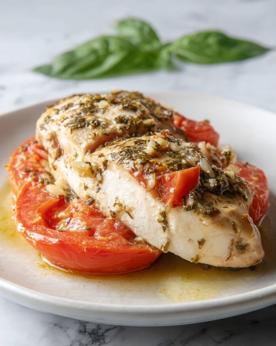 The image shows a dish with three main layers placed on a white plate. The bottom layer is a smooth, cooked chicken breast with a light golden color and moist texture. Above it are thick slices of bright red tomato, juicy and fresh. The top layer is another chicken breast half, seasoned with visible herbs and bits of garlic on the surface, giving it a slightly rough and flavorful look. The dish has a slight shine from some oil or sauce, and a few green leaves serve as a soft background on a white marbled surface. photo taken with an iphone --ar 4:5 --v 7