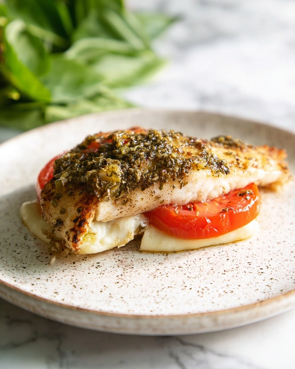 A grilled fillet of fish with a light golden-brown crust is placed on a white speckled plate with three distinct layers visible: the base layer is creamy white melted cheese, the middle layer is a thick, bright red tomato slice, and the top layer is the fish fillet coated with a greenish herbal sauce with bits of garlic and herbs. The plate sits on a white marbled surface with green leafy vegetables blurred in the background. photo taken with an iphone --ar 4:5 --v 7