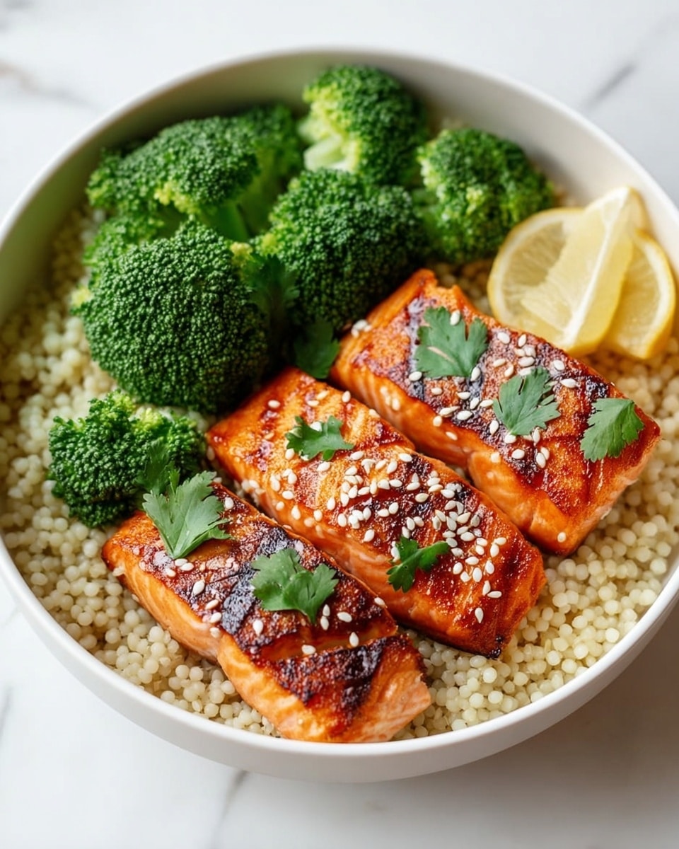 A white bowl filled with three bright green broccoli florets on one side, with a layer of small off-white grains like couscous covering the bottom. On top of the grains, two grilled salmon fillets with a rich orange color and dark grill marks are placed side by side, sprinkled with white sesame seeds and fresh green cilantro leaves. A lemon wedge sits partially visible in the back. The bowl is set against a white marbled texture background. Photo taken with an iphone --ar 4:5 --v 7