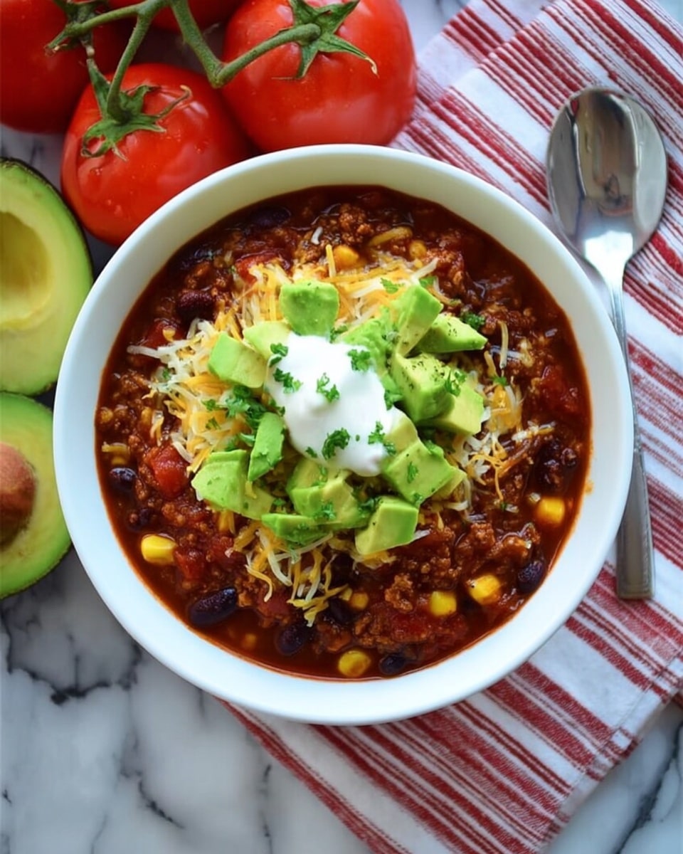 A white bowl filled with a rich chili base made of dark beans, corn, and ground meat sitting at the bottom. On top of the chili is a layer of shredded cheese that is slightly melted, followed by a layer of bright green, chunky avocado pieces scattered generously. A small dollop of white sour cream sits in the center of the avocado. The bowl is placed on a white marbled surface with a red and white striped cloth beneath it. Fresh tomatoes and a whole halved avocado are arranged beside the bowl. A silver spoon is on the cloth next to the bowl. Photo taken with an iphone --ar 4:5 --v 7