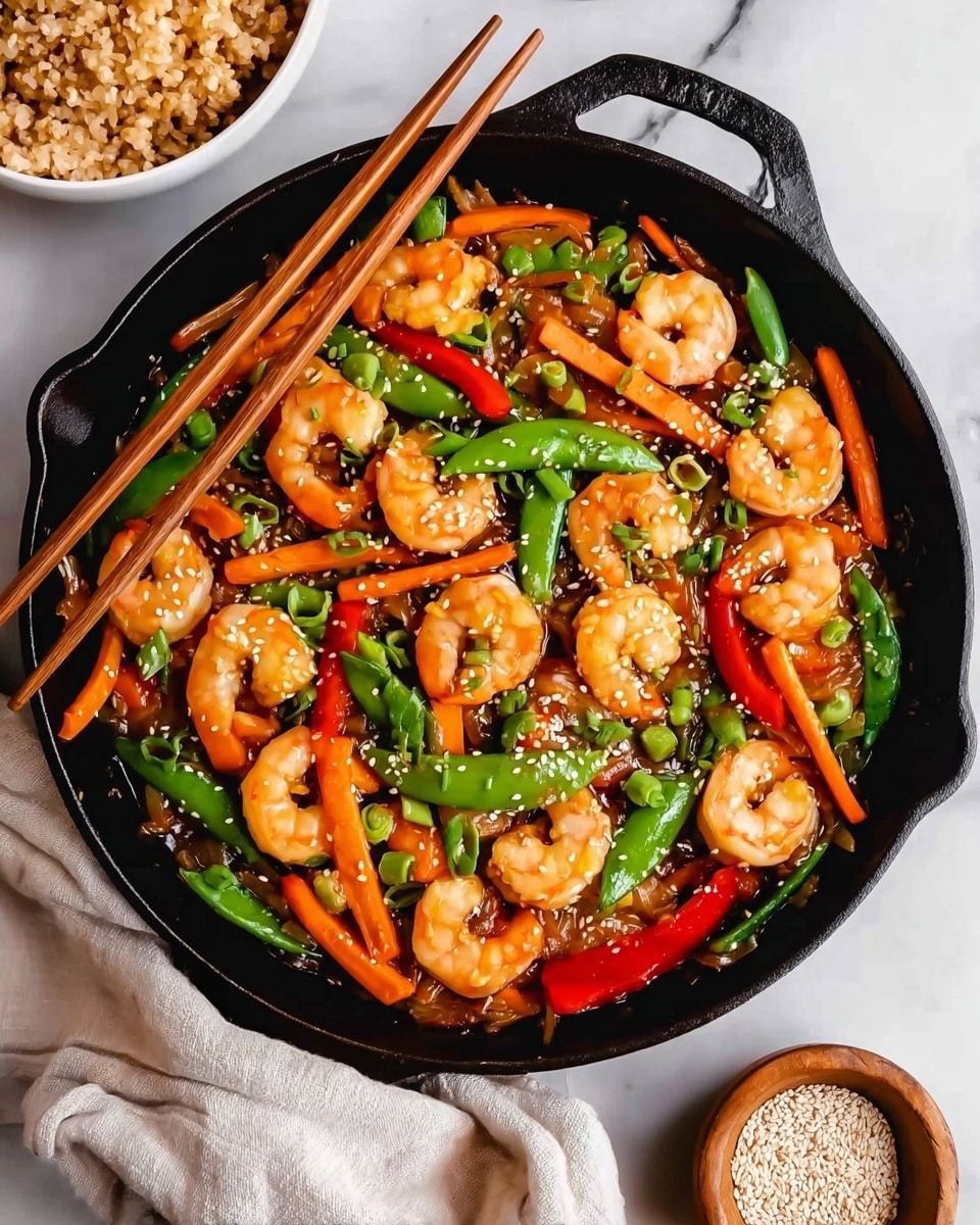 A black cast iron skillet filled with a colorful shrimp stir-fry showing around 3 main layers: the bottom layer is a glossy stir-fried sauce with small bits of vegetables, the middle layer has bright orange carrot sticks and red bell pepper slices mixed with green snap peas, and the top layer is tender pink shrimp scattered evenly with a sprinkle of white sesame seeds and small chopped green onions for garnish. Wooden chopsticks rest on the side of the skillet, lying over a soft beige cloth. In the top left, there is a white bowl with brown rice, and a small light wooden bowl filled with sesame seeds sits at the bottom right on a white marbled surface. photo taken with an iphone --ar 4:5 --v 7