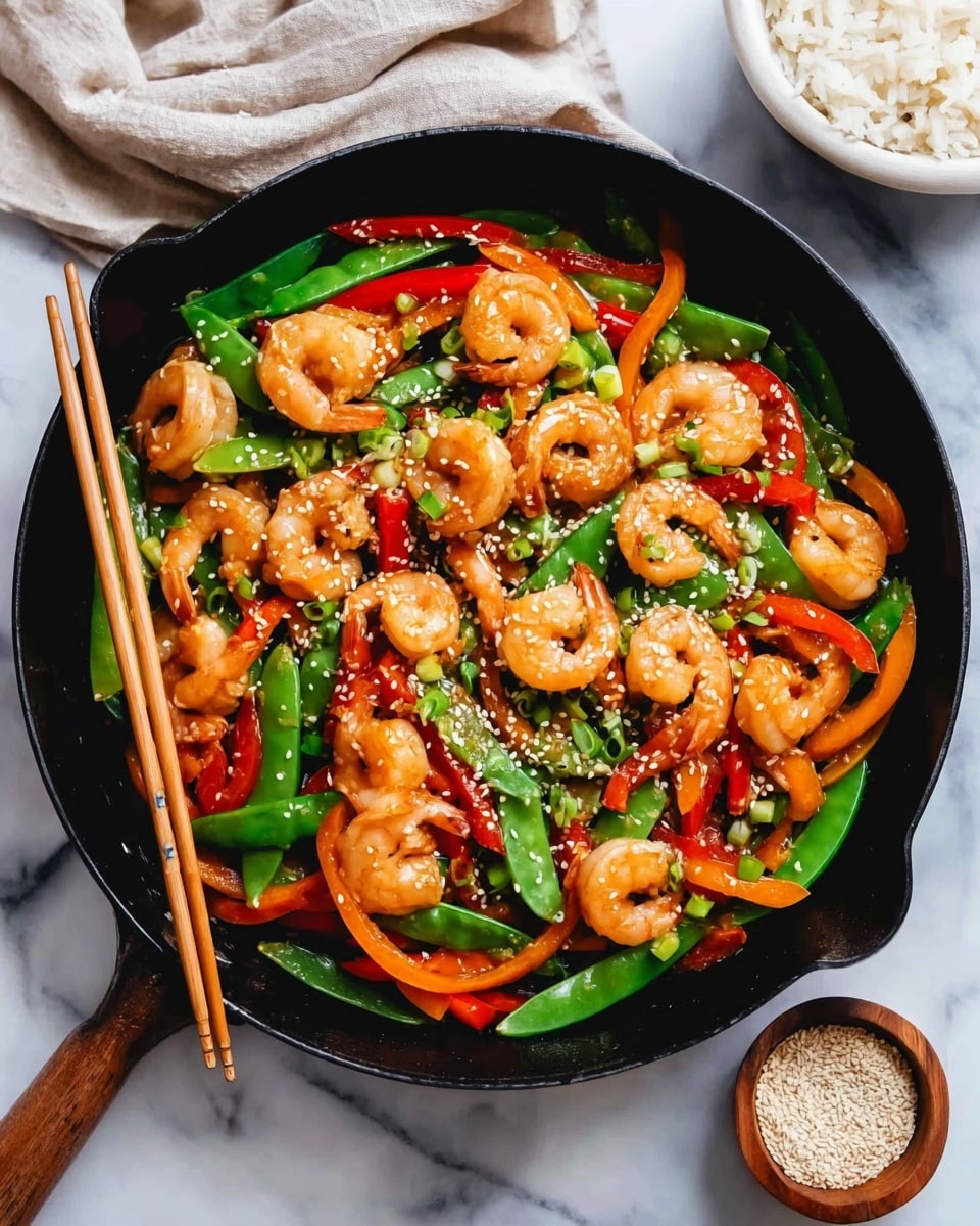 A black pan filled with a colorful shrimp stir-fry sits on a white marbled surface. The dish has three main layers: the base layer of bright green snap peas, a middle layer of sliced red bell peppers and thin orange carrot strips, and the top layer of plump pink-orange shrimp scattered evenly across the dish. Small chopped green onions and a sprinkle of white sesame seeds are spread on top, adding texture and contrast. A pair of wooden chopsticks rests on the left side of the pan. Nearby, there is a white bowl of cooked rice, a small wooden bowl of sesame seeds, and a beige cloth. Photo taken with an iphone --ar 4:5 --v 7