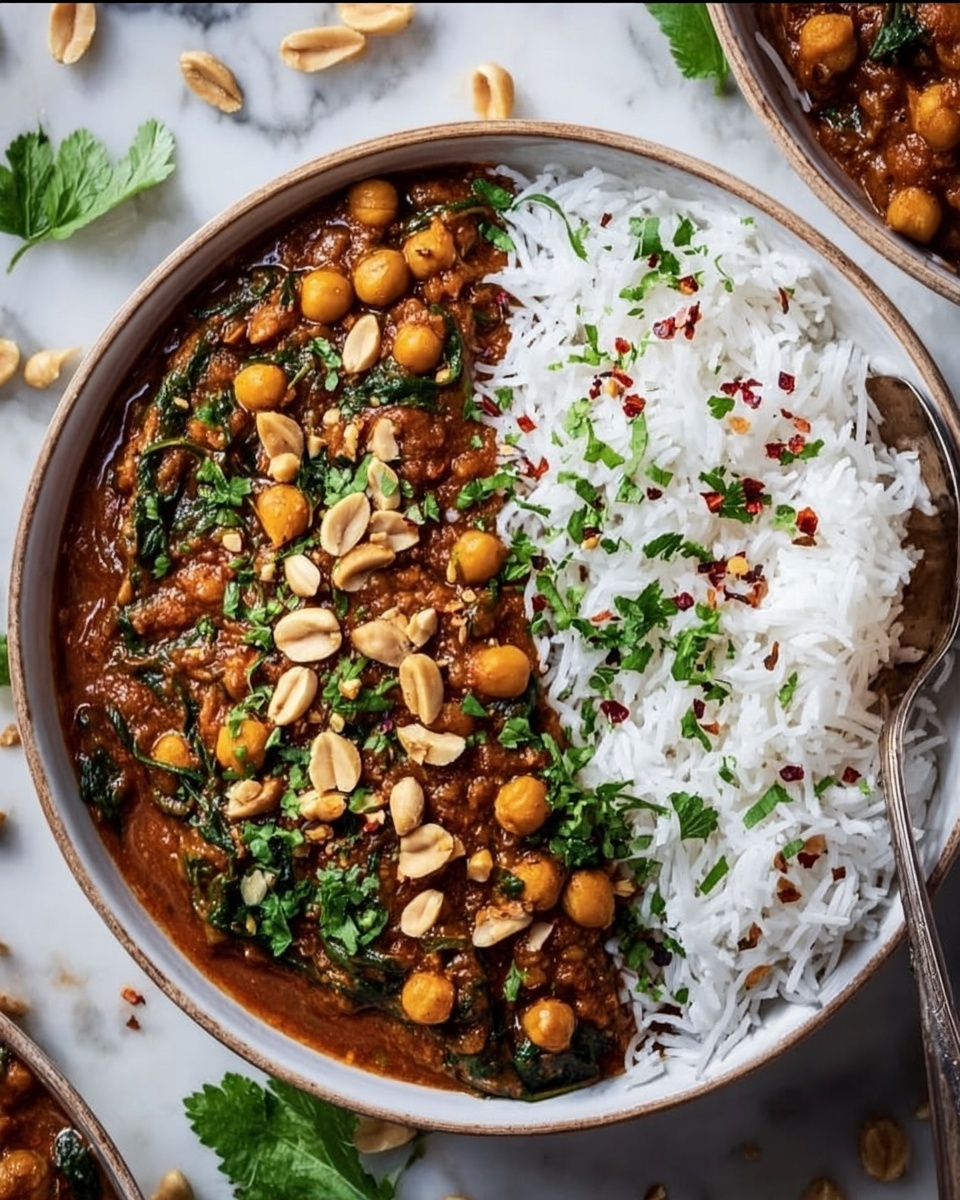 A white round bowl filled with two main layers: on the left side, a thick, rich brown stew with chickpeas and spinach leaves, topped with chopped peanuts and bright green parsley; on the right side, fluffy white rice sprinkled with small red chili flakes and green parsley pieces, creating a fresh contrast. A silver spoon is partially dipped into the stew, resting near the center. The bowl is set on a white marbled surface scattered with peanuts and parsley leaves around it, adding texture to the scene. Photo taken with an iphone --ar 4:5 --v 7