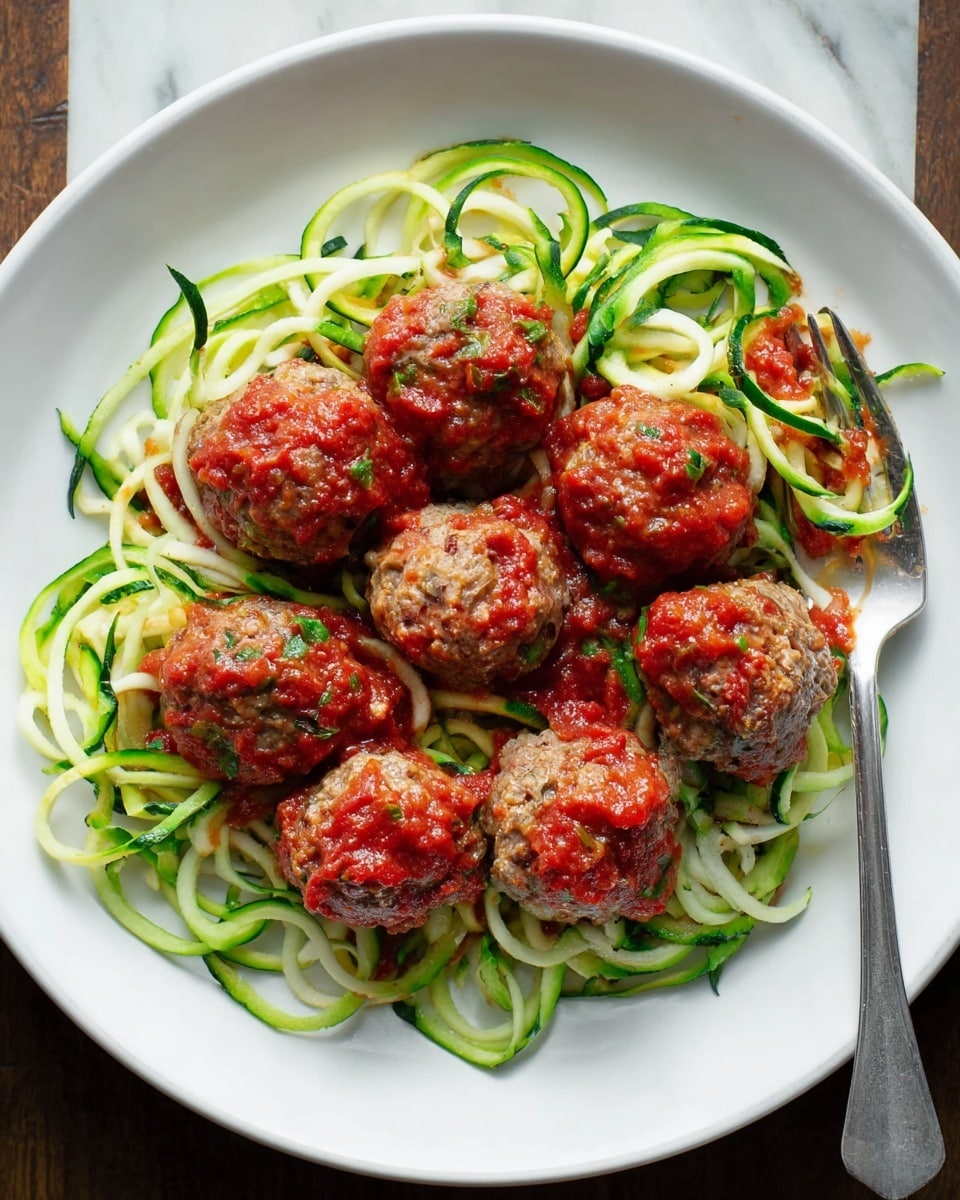 A white plate holds a bed of green and white spiralized zucchini noodles forming the first layer with a fresh and slightly wet texture. On top, six round browned meatballs are evenly placed, each covered with a chunky red tomato sauce with visible bits of herbs and spices. A shiny silver fork rests on the right side of the plate, its prongs touching the noodles. The plate is set on a white marbled textured surface. Photo taken with an iphone --ar 4:5 --v 7