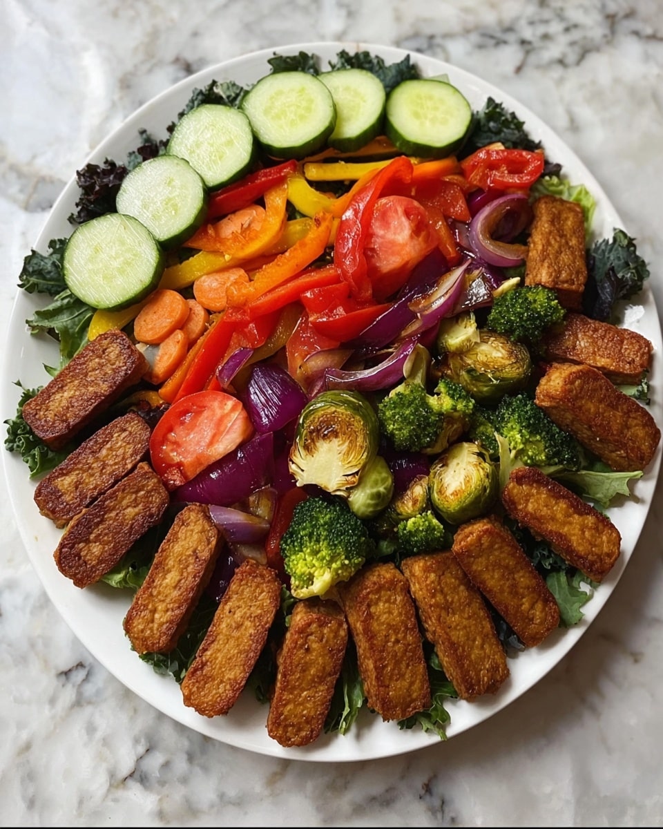 A white plate holds a colorful mixed vegetable salad topped with roasted vegetables. The base layer contains fresh green leafy vegetables mixed with sliced red tomatoes and cucumber rounds scattered evenly. On top of this is a layer of roasted vegetables including broccoli florets, bright orange carrot slices, red bell pepper pieces, red onion chunks, and browned Brussels sprouts, all giving a roasted texture and slightly charred look. Around the edge of the plate, there are eight rectangular, golden-brown crispy tempeh pieces evenly spaced, framing the salad. The whole plate is placed on a white marbled surface. photo taken with an iphone --ar 4:5 --v 7