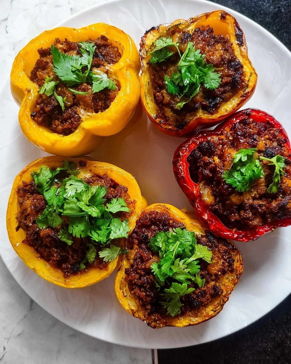 A white plate holds five stuffed bell pepper halves with four yellow and one red pepper. Each pepper half is filled with a dark brown cooked meat mixture that looks slightly crispy on top. The meat filling is thick, with a coarse texture and small bits visible. Each pepper half is garnished with a small bunch of fresh green cilantro leaves placed in the center. The peppers have a shiny, roasted look with some brown grill marks, and the edges are slightly wrinkled and softened from cooking. The plate sits on a white marbled textured surface. photo taken with an iphone --ar 4:5 --v 7