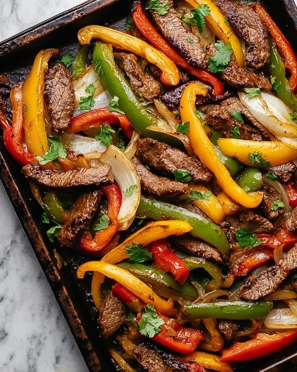 A black rectangular pan filled with a colorful mix of cooked beef strips and sliced bell peppers in three colors: yellow, red, and green. The beef pieces are brown with a slight charred texture, scattered evenly among the smooth, slightly translucent pepper slices. White onion wedges add extra layers, showing a softened texture with brown edges. Small cilantro leaves, bright green and fresh, are sprinkled on top, adding contrast to the warm colors. The pan sits on a white marbled surface, enhancing the vivid tones of the food. Photo taken with an iphone --ar 4:5 --v 7