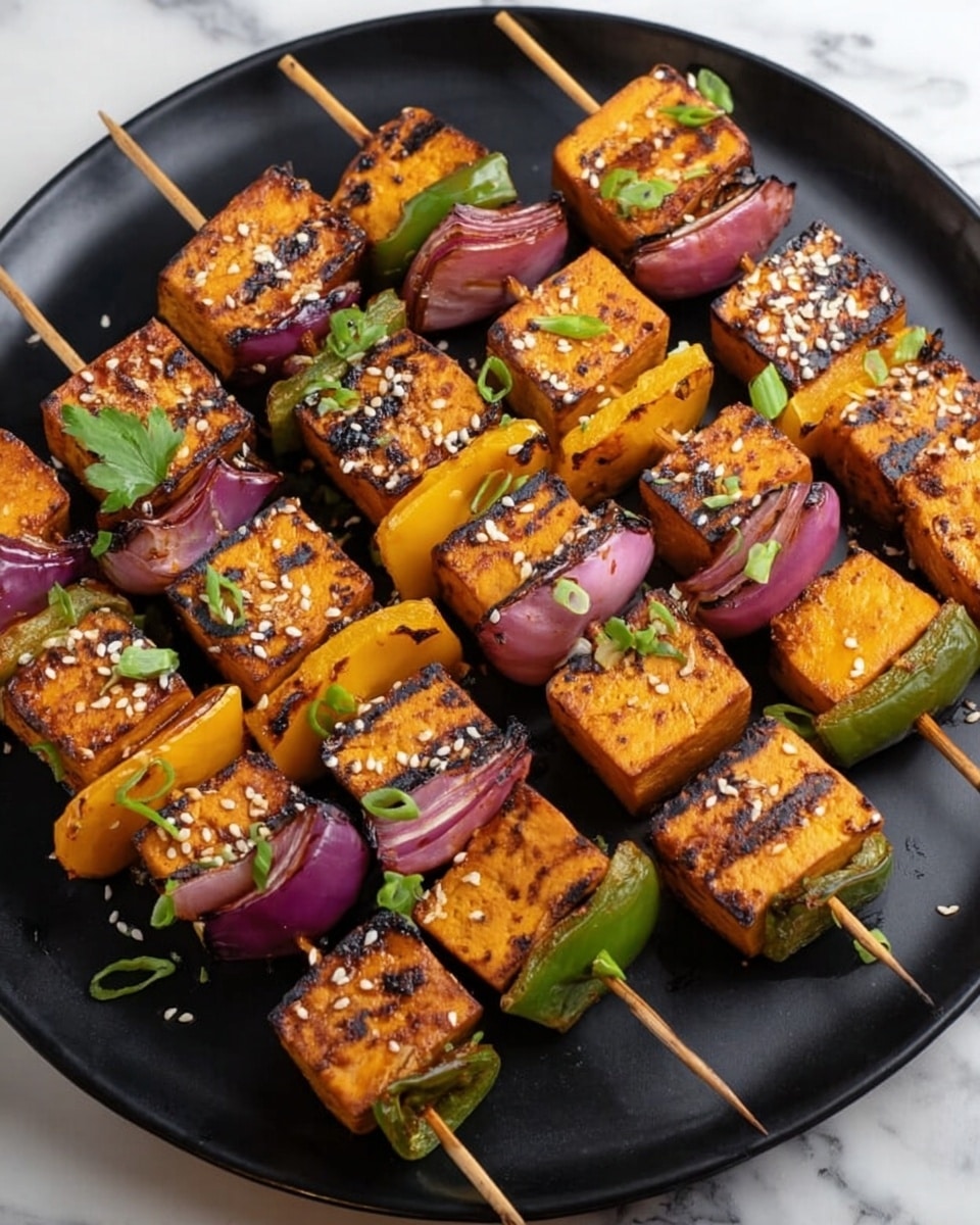 The image shows five metal skewers laid out on a dark round plate, each loaded with five main layers of grilled food. The main pieces are large brown tofu cubes with clear dark grill lines, lightly charred edges, and garnished with white sesame seeds and green herbs on top. Between the tofu cubes are two smaller layers of bright yellow bell pepper pieces and thin, irregular purple onion segments. The plate sits on a white marbled surface. photo taken with an iphone --ar 4:5 --v 7