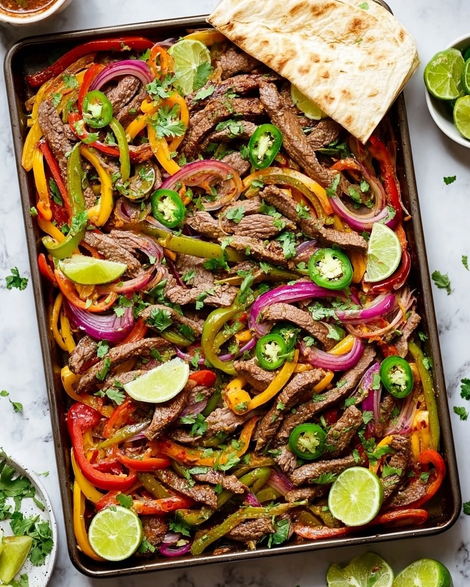 The image shows a tray filled with several layers of colorful fajita ingredients. The base layer consists of thin strips of red, yellow, and green bell peppers mixed with slices of red onion, all cooked and soft. On top, there are many pieces of cooked steak strips, brown with some grill marks, arranged evenly across the tray. Bright green slices of jalapeño peppers are scattered on top, adding a fresh sharp look. Several fresh green cilantro sprigs are spread all over, adding a pop of green color. Thin, round slices of lime are placed on different spots across the dish, some near the edges and some on top of the steak and peppers. In the upper right corner of the tray, there is a folded, light tan colored tortilla resting on the fajitas. The whole tray sits on a white marbled surface, and there are small white plates with lime wedges and sauces around it. Photo taken with an iphone --ar 4:5 --v 7