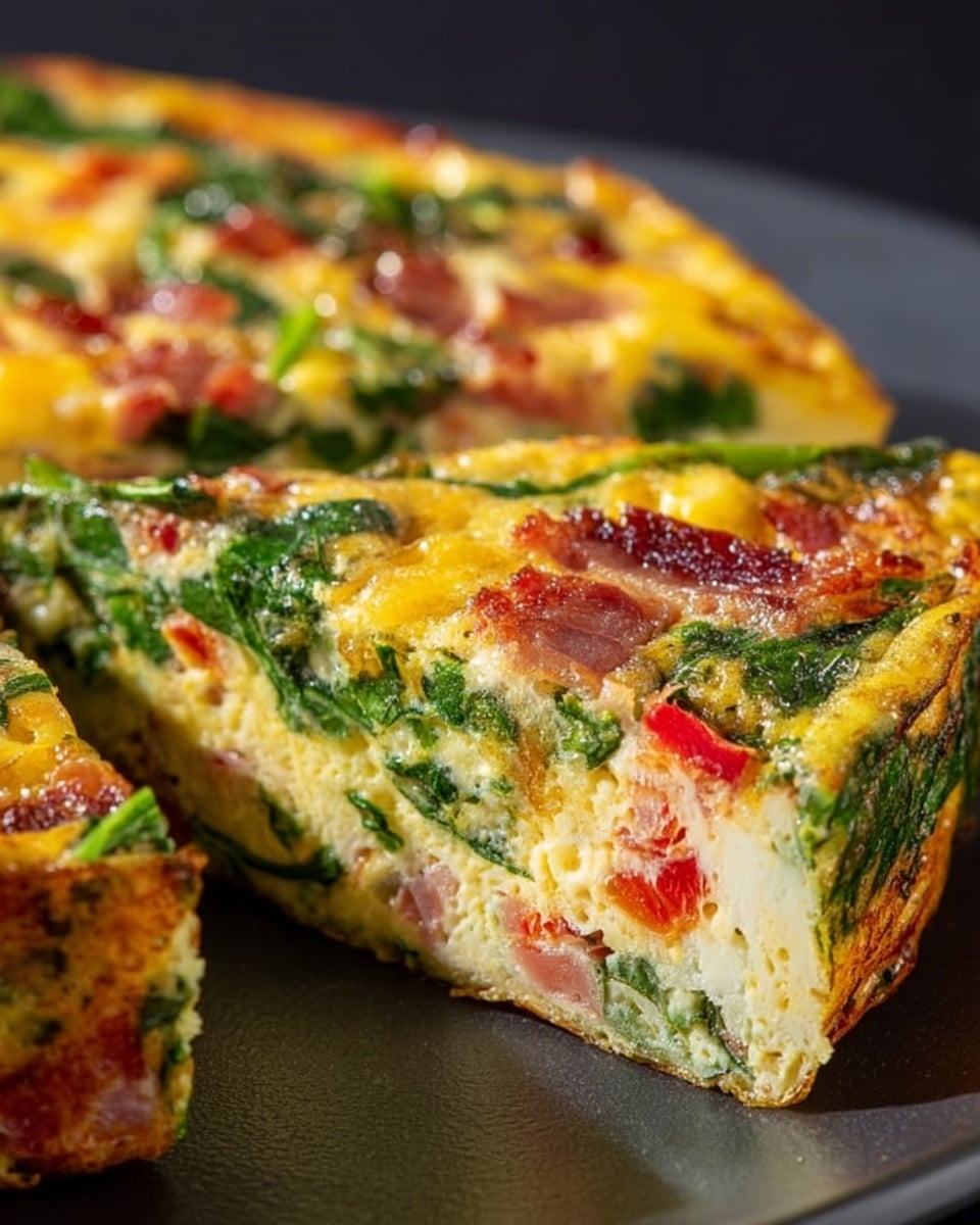 A thick slice of frittata cut from a round shape is shown on a dark surface with a close-up view. The frittata has several layers starting from a light yellow egg base filled generously with bright green spinach leaves and small red pieces of tomato. There are also visible bits of crispy bacon in a reddish-brown color mixed evenly throughout. On top, the frittata is covered with a golden melted cheese layer with green spinach and tomato pieces peeking through. The texture appears soft and slightly fluffy with a firm edge holding the ingredients well together. photo taken with an iphone --ar 4:5 --v 7