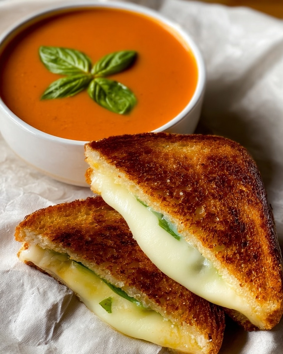 The image shows a grilled cheese sandwich cut diagonally in half, revealing melted white cheese oozing between two slices of golden brown toasted bread with a crispy texture. Inside the sandwich, there is a layer of green lettuce or spinach visible under the melted cheese. Next to the sandwich is a bowl of rich orange tomato soup with a smooth surface, garnished with two fresh green basil leaves placed on top. The bowl is white, and the food is resting on a white marbled textured surface with a soft cloth beneath. Photo taken with an iphone --ar 4:5 --v 7