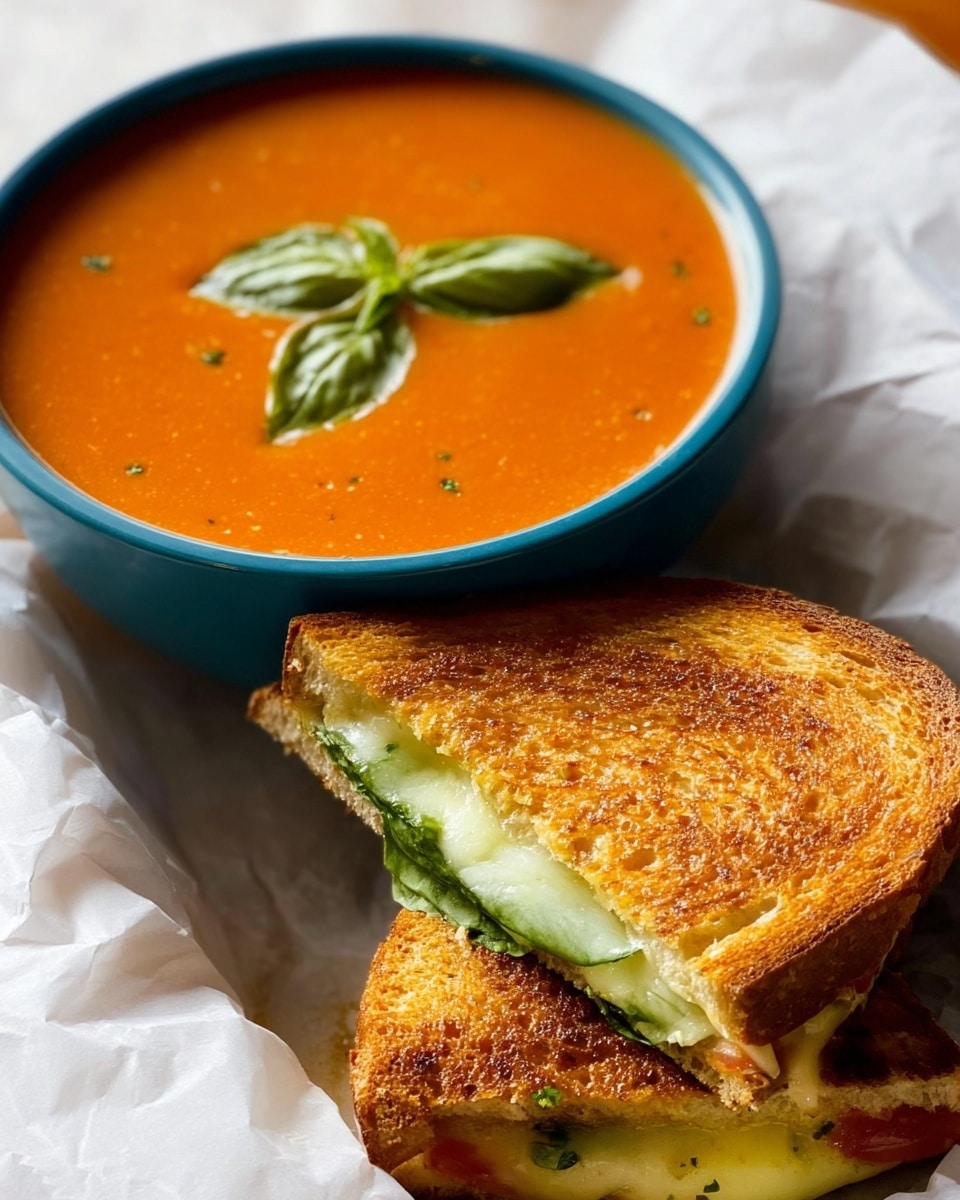 A bowl of smooth orange tomato soup topped with three fresh green basil leaves sits in front, with a grilled cheese sandwich behind it cut into two thick triangular halves showing gooey melted white cheese, a layer of green spinach, and a thin slice of red tomato inside toasted golden brown bread with crisp edges, all placed on white parchment paper over a white marbled surface. photo taken with an iphone --ar 4:5 --v 7