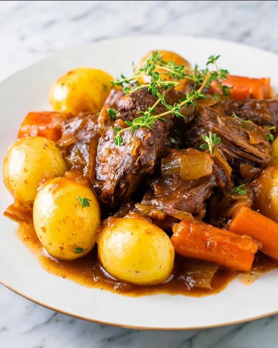 The dish is served on a white plate sitting on a white marbled surface, showing three main layers: large chunks of tender, brown beef with a glossy, thick gravy and small bits of onion on and around it cover the bottom layer; above and around the beef are whole baby potatoes with a golden-yellow color and a smooth texture; bright orange carrot pieces, cut into large sections, are scattered between the potatoes, adding a pop of color; fresh green thyme sprigs rest on top, enhancing the warm, comforting look of the stew. photo taken with an iphone --ar 4:5 --v 7
