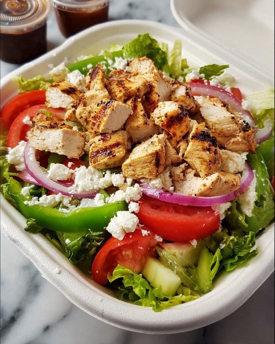 The image shows a white foam container filled with a fresh salad. The bottom layer is made of green lettuce leaves, sliced green bell peppers, and red tomato wedges scattered around. Thinly sliced red onions are mixed in with the vegetables. On top of these, there are small white crumbles of cheese spread evenly. The top layer consists of grilled chicken pieces, golden brown with grill marks, cut into chunks and laid across the salad. The container is placed on a white marbled surface with some dressing containers visible in the background. photo taken with an iphone --ar 4:5 --v 7
