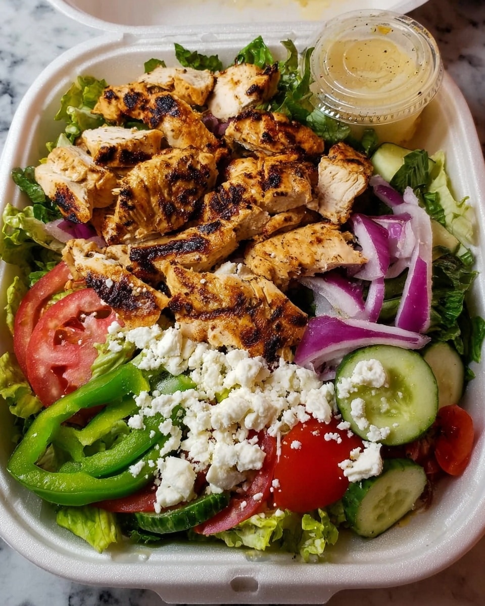 The image shows a white foam takeout box filled with a grilled chicken salad. The bottom layer is made of fresh green lettuce leaves, topped with sliced red tomatoes, cucumber pieces, green bell pepper strips, and thin slices of purple onion. On top of the vegetables, there is a generous layer of small white cheese crumbles. The top layer consists of several pieces of golden-brown grilled chicken breast, cut into thick strips and cubes, with visible grill marks. Two small containers of dressing sit in the upper part of the takeout box. The whole scene is set against a white marbled surface. photo taken with an iphone --ar 4:5 --v 7